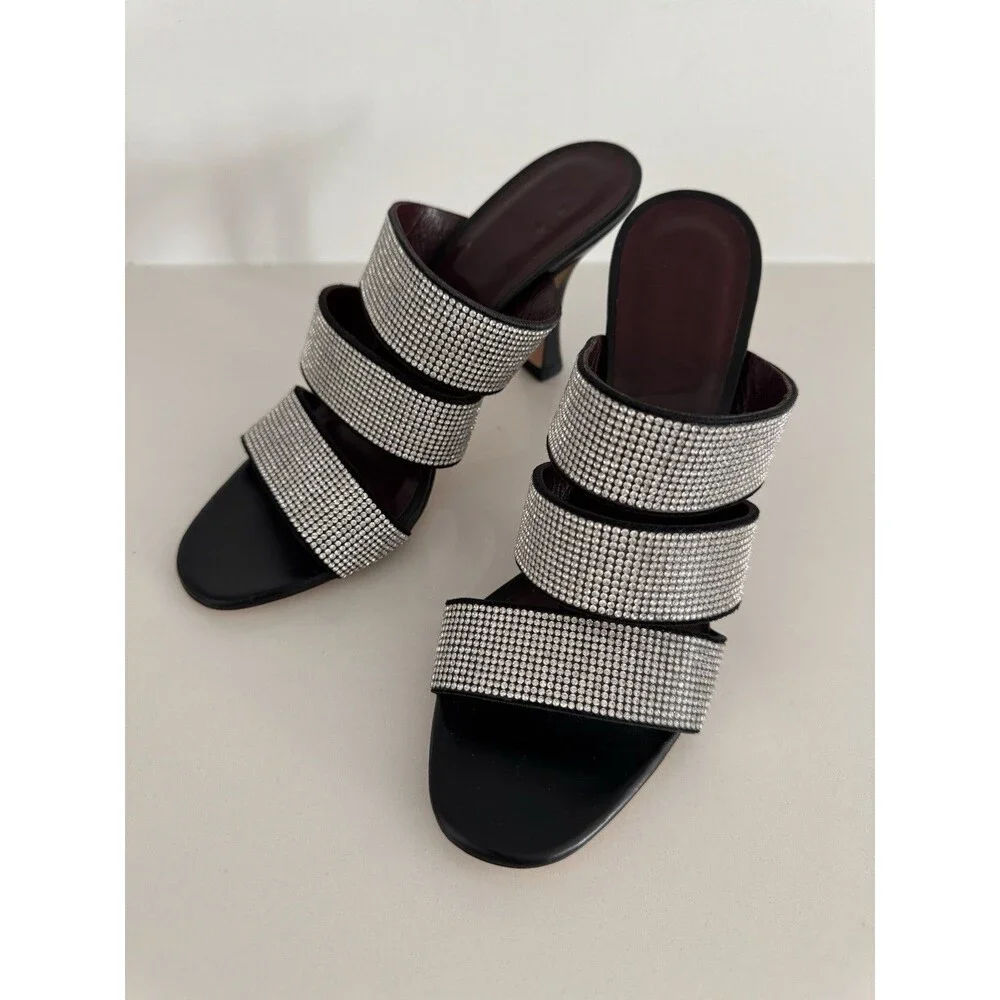 Staud Sonny Rhinestone Sandals Black Multi Strap Slides Heels Sz 36 / 6US